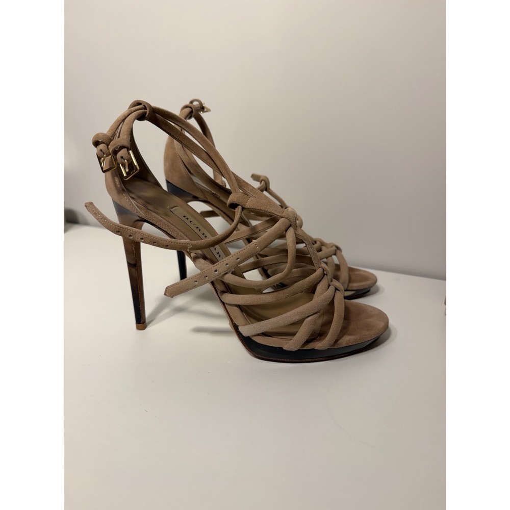 Burberry Tan Suede Strappy Stiletto Heels Caged Sandals Tortoise Heel 37 Box - Picture 5 of 7